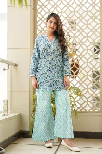 Sky blue cotton short kurta & palazzo set