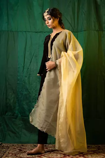 Brown velvet kurta set - (set of 3)