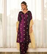 Wine embroidered velvet kurta set (set of 3)