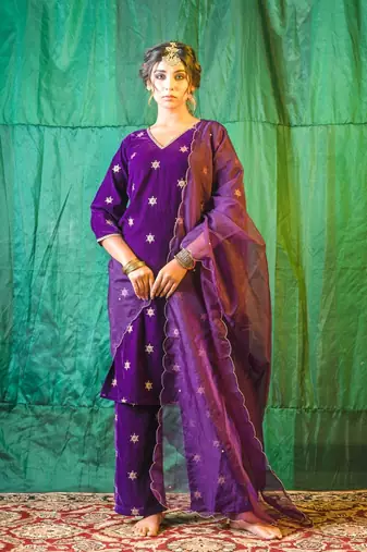 Purple embroidered velvet kurta set