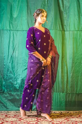 Purple embroidered velvet kurta set