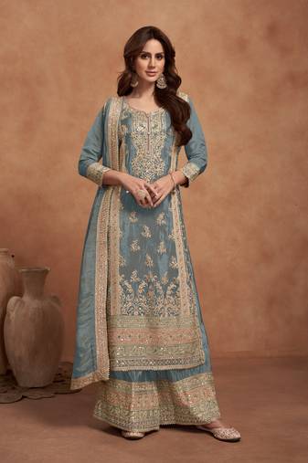 Grey embroidered vichitra silk semi-palazzo suit