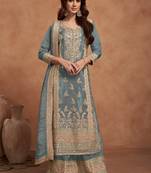 Grey embroidered vichitra silk palazzo suit