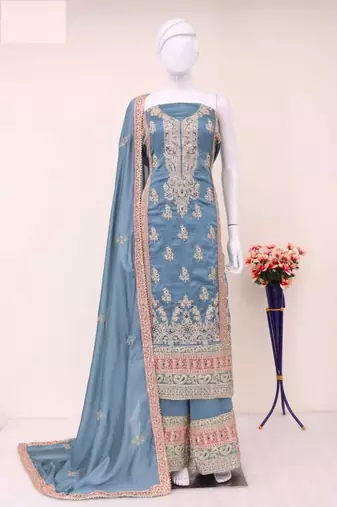 Grey embroidered vichitra silk blend palazzo suit