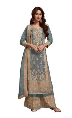 Grey embroidered vichitra silk blend palazzo suit 4