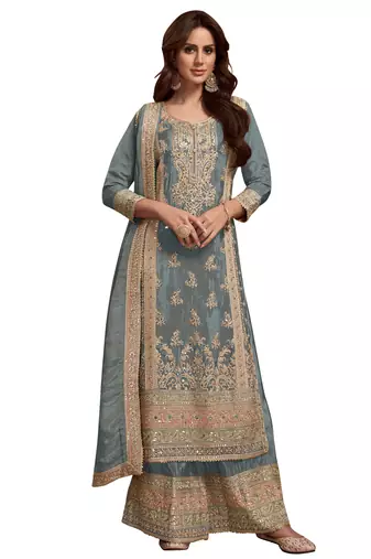 Grey embroidered vichitra silk blend palazzo suit