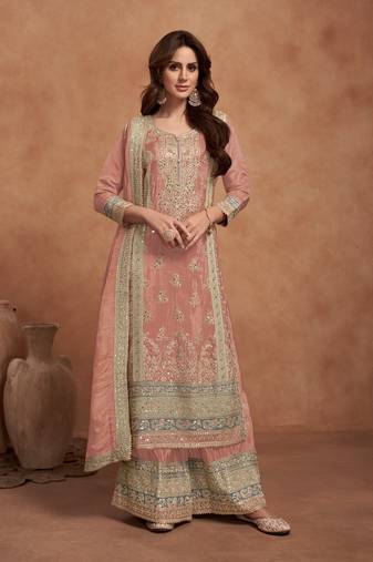 Orange embroidered vichitra silk semi-palazzo suit