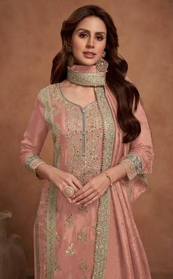 Orange embroidered vichitra silk blend palazzo suit 2