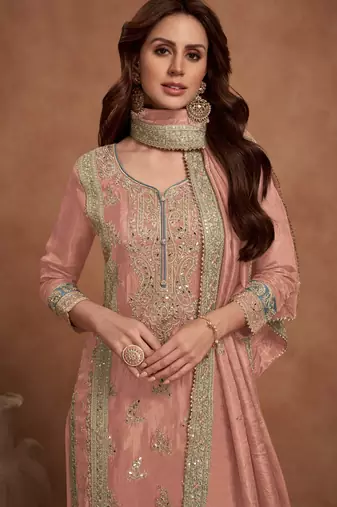 Orange embroidered vichitra silk blend palazzo suit