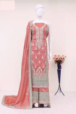 Orange embroidered vichitra silk blend palazzo suit 3