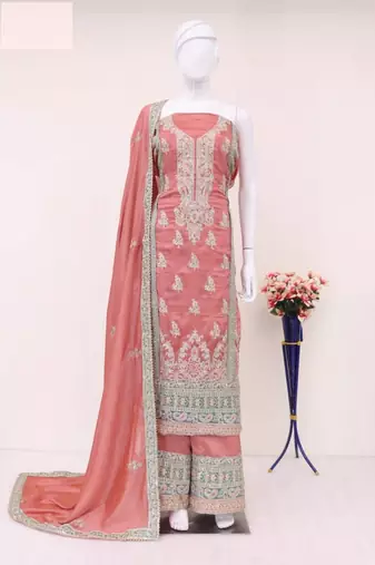 Orange embroidered vichitra silk blend palazzo suit
