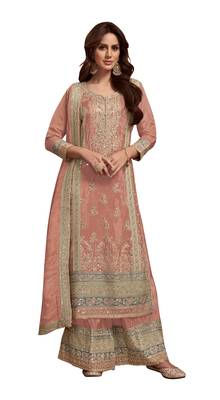 Orange embroidered vichitra silk blend palazzo suit 4