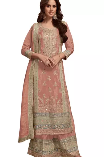 Orange embroidered vichitra silk blend palazzo suit