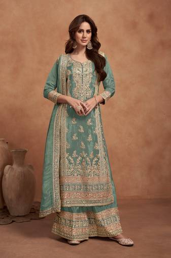 Green embroidered vichitra silk semi-stitched palazzo suit