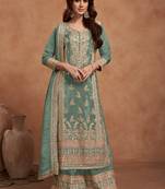 Green embroidered vichitra silk semi-stitched palazzo suit