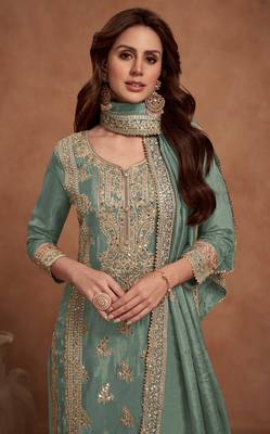 Green embroidered vichitra silk blend stitched palazzo suit 2