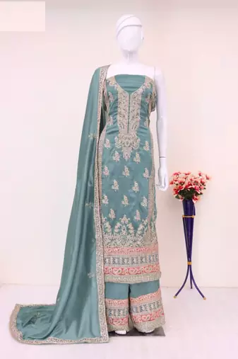 Green embroidered vichitra silk stitched palazzo suit