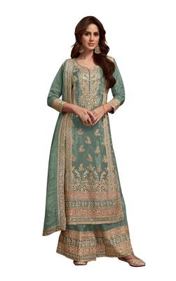 Green embroidered vichitra silk blend stitched palazzo suit 4
