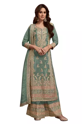 Green embroidered vichitra silk stitched palazzo suit