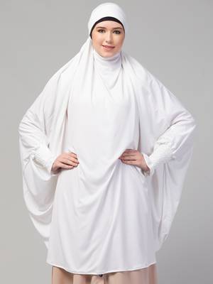 Ready to Wear tie at back smoking at wrist with Naqab instant Khimer Prayer hijab For Hajj and Umrah 1