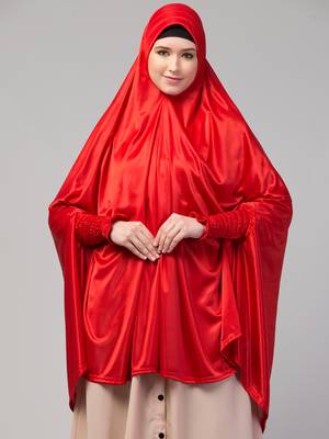 nazneen knee-length jilbab cum khimar hijab - stretchable knit, red, full sleeve 1