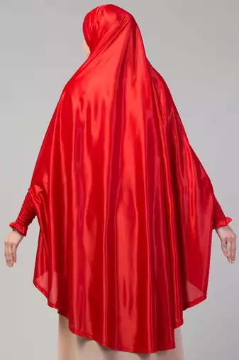 nazneen knee-length jilbab cum khimar hijab - stretchable knit, red, full sleeve