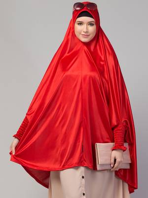 nazneen knee-length jilbab cum khimar hijab - stretchable knit, red, full sleeve 4
