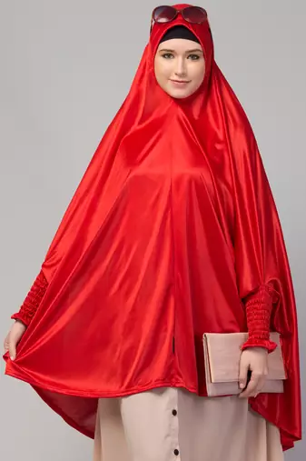 nazneen knee-length jilbab cum khimar hijab - stretchable knit, red, full sleeve