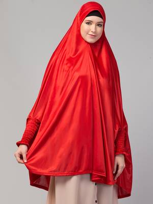 nazneen knee-length jilbab cum khimar hijab - stretchable knit, red, full sleeve 5
