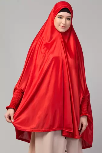 nazneen knee-length jilbab cum khimar hijab - stretchable knit, red, full sleeve
