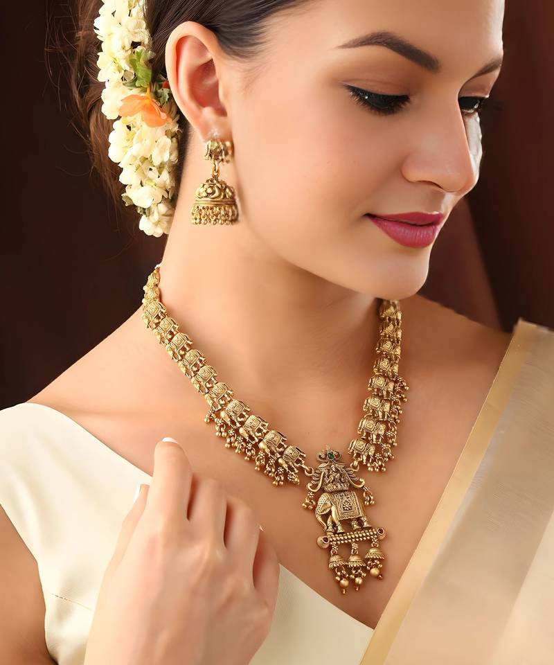 Matte gold plated multi color long south indian maa lakshmi temple jewelry set