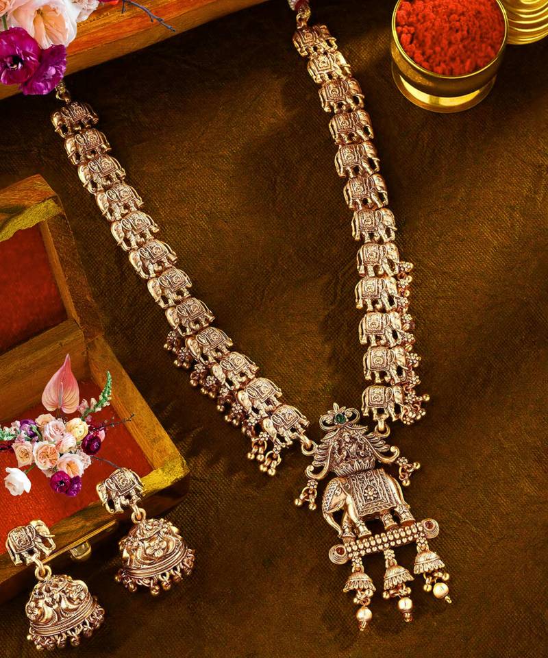 Matte gold plated multi color long south indian maa lakshmi temple jewelry set