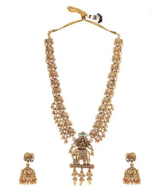 Matte gold plated multi color long south indian maa lakshmi temple jewelry set 4