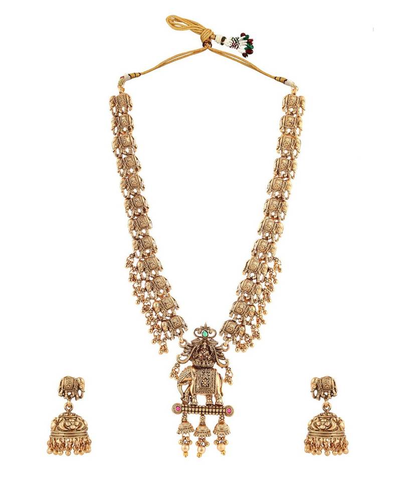 Matte gold plated multi color long south indian maa lakshmi temple jewelry set