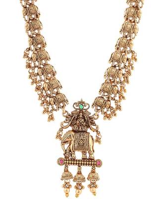 Matte gold plated multi color long south indian maa lakshmi temple jewelry set 1