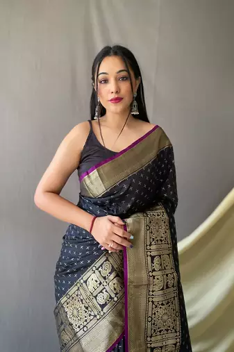 Beautiful Soft Silk Saree Is Having Checks Silver And Gold Zari Saree