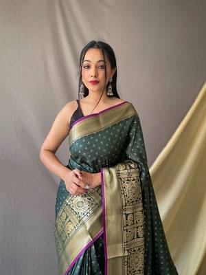Beautiful Soft Silk Saree Is Having Checks Silver And Gold Zari Saree 2