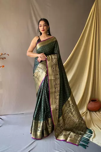Beautiful Soft Silk Saree Is Having Checks Silver And Gold Zari Saree