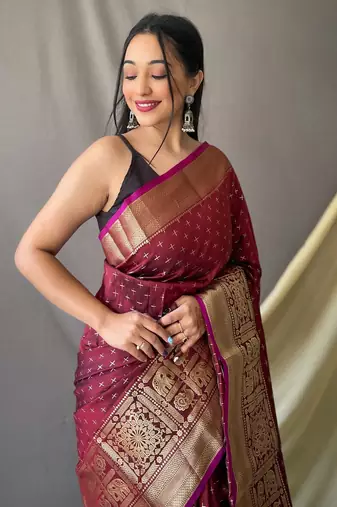 Beautiful Soft Silk Saree Is Having Checks Silver And Gold Zari Saree