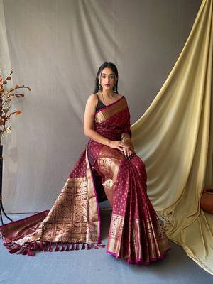 Beautiful Soft Silk Saree Is Having Checks Silver And Gold Zari Saree 1