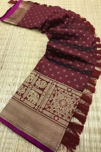 Beautiful Soft Silk Saree Is Having Checks Silver And Gold Zari Saree