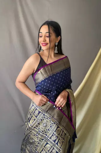 Beautiful Soft Silk Saree Is Having Checks Silver And Gold Zari Saree