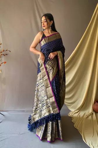 Beautiful Soft Silk Saree Is Having Checks Silver And Gold Zari Saree