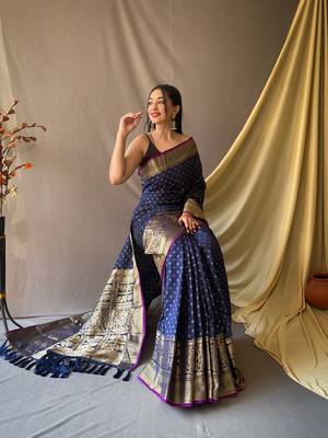 Beautiful Soft Silk Saree Is Having Checks Silver And Gold Zari Saree 1