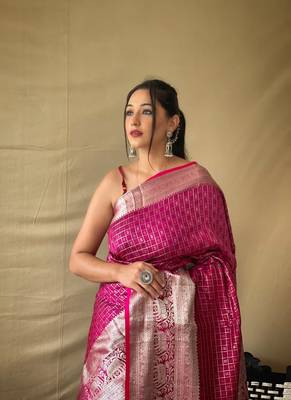 Beautiful Soft Silk Saree Is Having Checks Silver And Gold Zari Saree 2