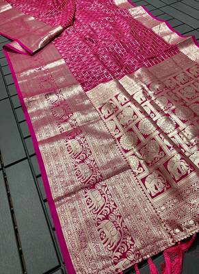 Beautiful Soft Silk Saree Is Having Checks Silver And Gold Zari Saree 4