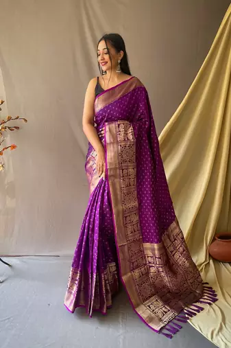 Beautiful Soft Silk Saree Is Having Checks Silver And Gold Zari Saree