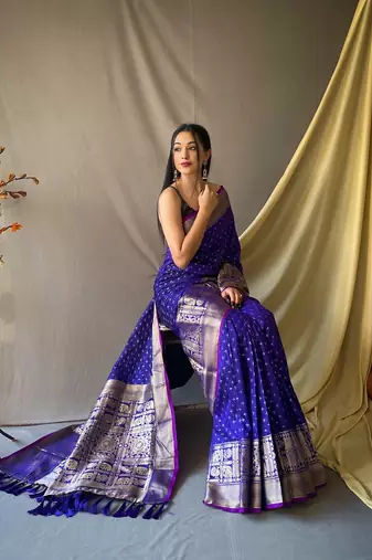 Beautiful Soft Silk Saree Is Having Checks Silver And Gold Zari Saree