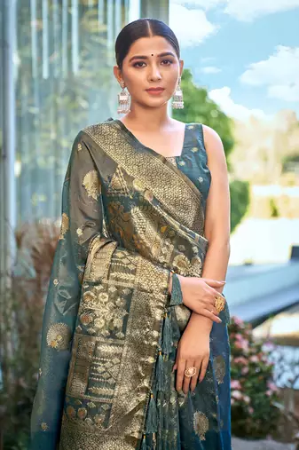 Cyan simmer silk blend zari weaving saree