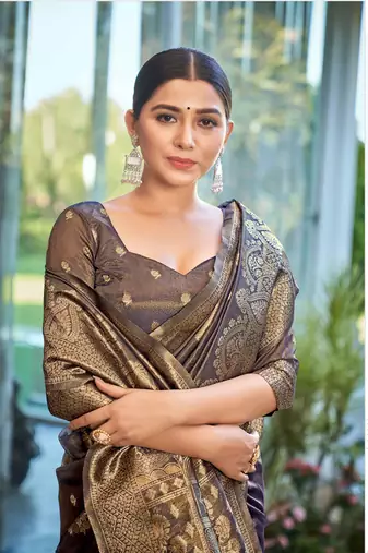 Rust simmer silk blend zari weaving saree